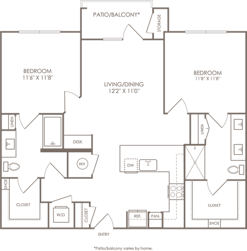 Floor plan for 2 beds, 2 baths, 1089 sqft